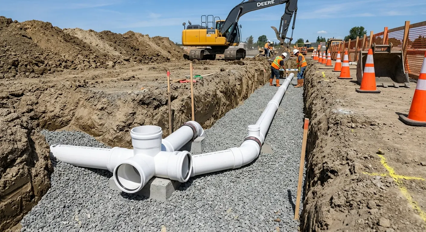 New PVC sewer pipe installation in open trench for Commercial Drain Cleaning in Pekin