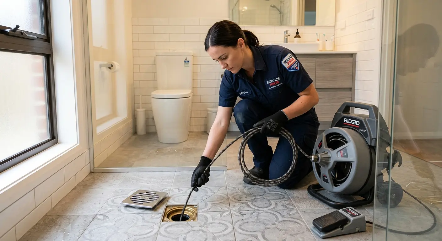 Technician clearing a bathroom floor drain for Clogged Drain Repair in Pekin